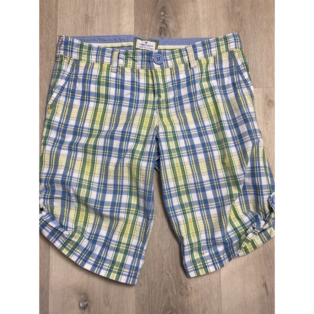 VTG American Eagle Shorts Womens 8 Blue Plaid Roll Tab Chino Hiking Low Rise Y2K